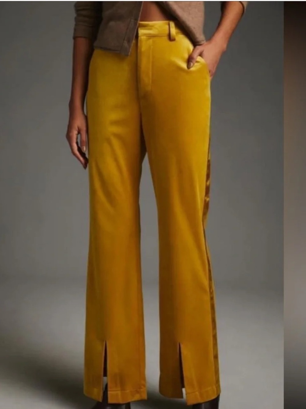 Anthropologie Avec Les Filles Split-Front Mustard Velvet Flare Leg Trousers Sz 8